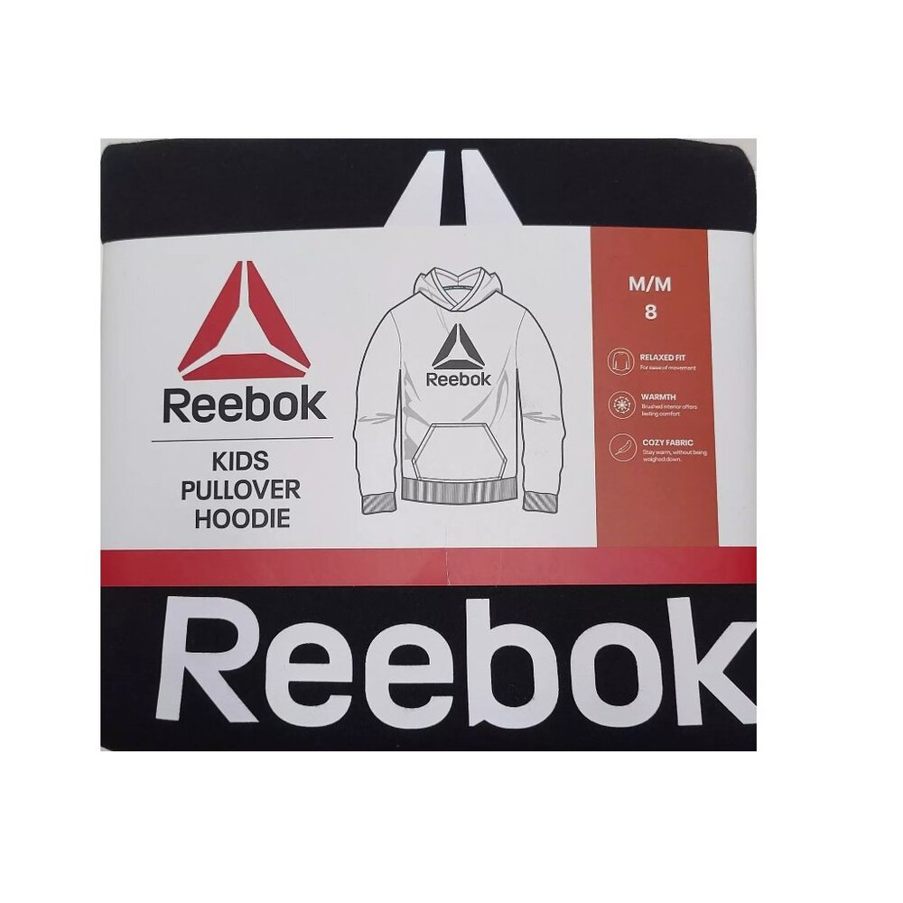 Reebok Kids Size Medium 8 Black Pullover Hoodie White Logo New Hoodie